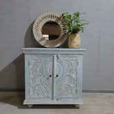Handmade Carved Indian Furniture Solid Mango Wood 2 Doors Cabinet in Bluewash